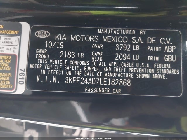 45473693 :رقم المزاد ، 3KPF24AD7LE182868 vin ، 2020 Kia Forte Lxs مزاد بيع