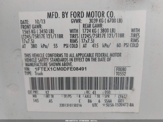 2013 Ford F-150 Xl მანქანა იყიდება აუქციონზე, vin: 1FTEX1CM0DFE08491, აუქციონის ნომერი: 45473714