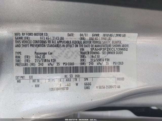 2012 Ford Focus Se მანქანა იყიდება აუქციონზე, vin: 1FAHP3F2XCL139652, აუქციონის ნომერი: 45473719