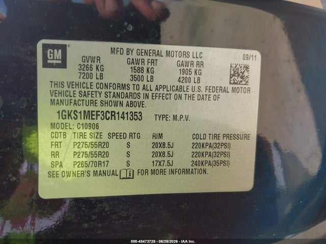 45473728 :رقم المزاد ، 1GKS1MEF3CR141353 vin ، 2012 Gmc Yukon Xl 1500 Denali مزاد بيع