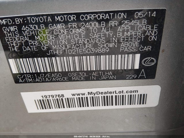 Продажа на аукционе авто 2014 Lexus Is 250, vin: JTHBF1D21E5039889, номер лота: 45473745