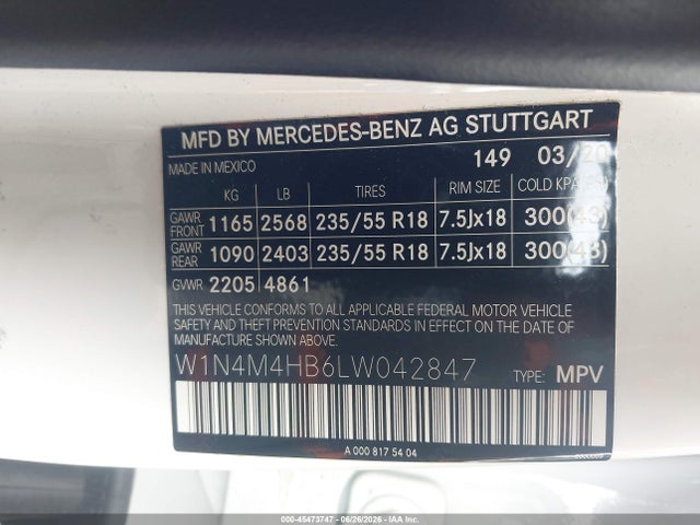 45473747 :رقم المزاد ، W1N4M4HB6LW042847 vin ، 2020 Mercedes-benz Glb 250 4matic مزاد بيع