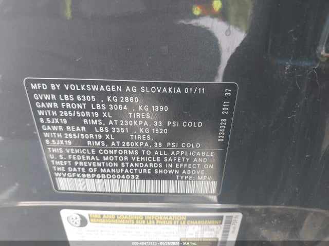 Aukcja sprzedaży 2011 Volkswagen Touareg Tdi Lux, vin: WVGFK9BP6BD004032, numer aukcji: 45473753