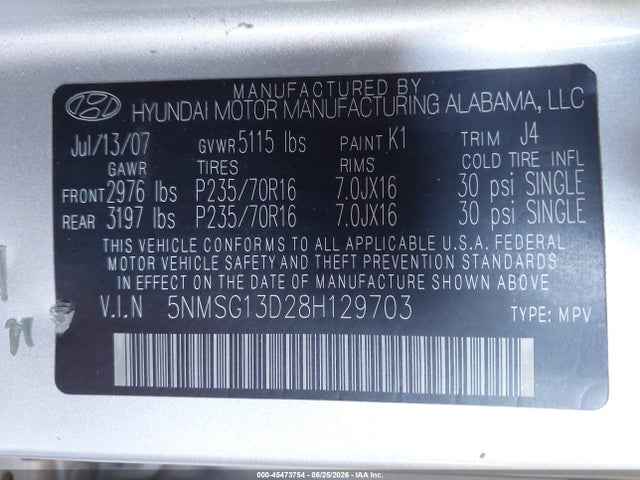 2008 Hyundai Santa Fe Gls მანქანა იყიდება აუქციონზე, vin: 5NMSG13D28H129703, აუქციონის ნომერი: 45473754