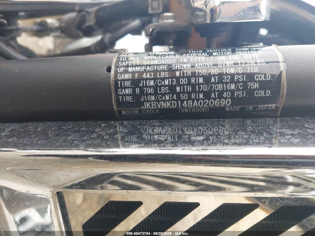 Aukcja sprzedaży 2008 Kawasaki Vn1600 D, vin: JKBVNKD148A020690, numer aukcji: 45473784