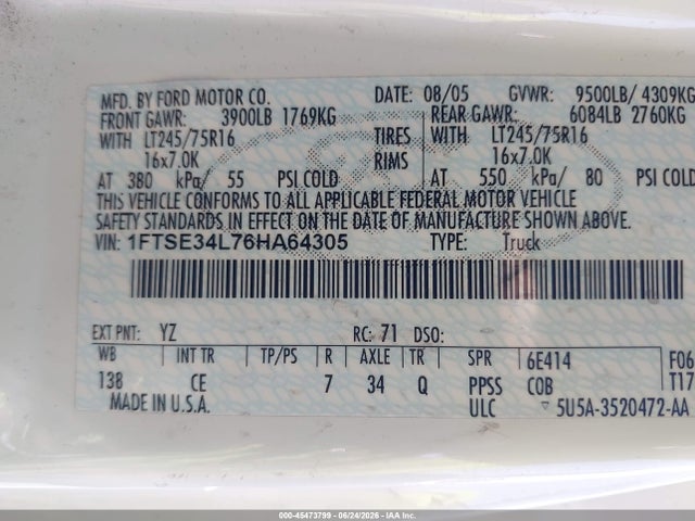 45473799 :رقم المزاد ، 1FTSE34L76HA64305 vin ، 2006 Ford E-350 Super Duty مزاد بيع