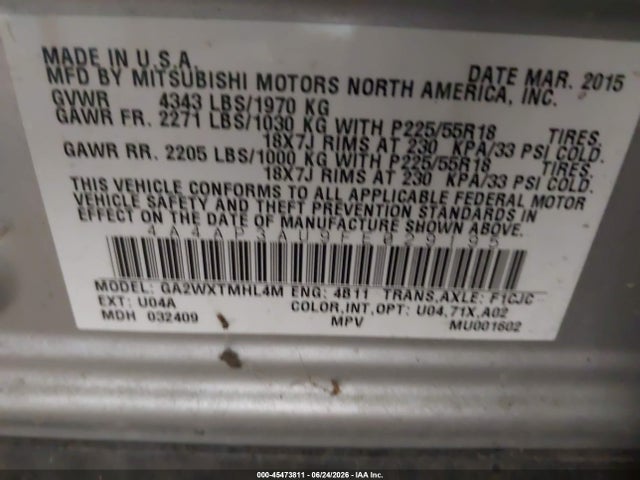 Aukcja sprzedaży 2015 Mitsubishi Outlander Sport Es, vin: 4A4AP3AU9FE029195, numer aukcji: 45473811