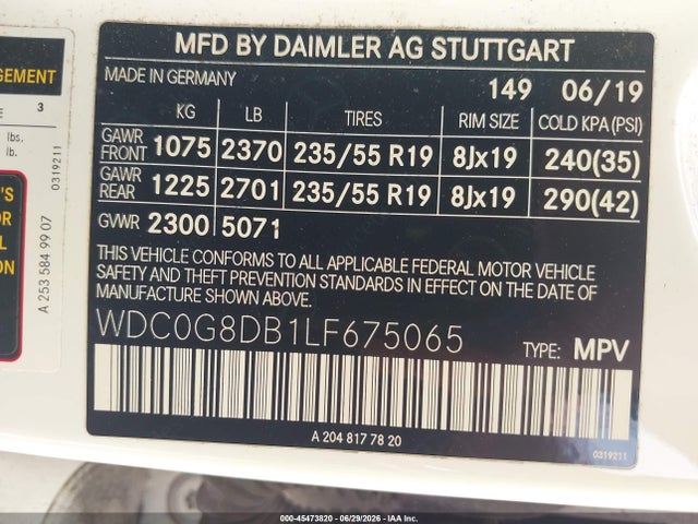 45473820 :رقم المزاد ، WDC0G8DB1LF675065 vin ، 2020 Mercedes-benz Glc 300 مزاد بيع