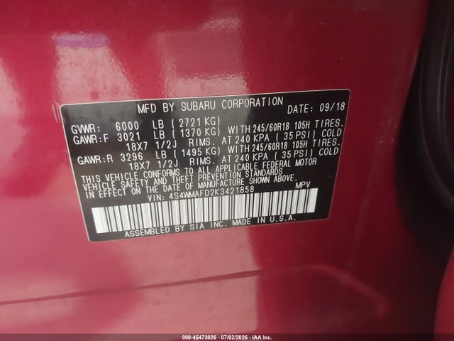 45473826 :رقم المزاد ، 4S4WMAFD2K3421858 vin ، 2019 Subaru Ascent Premium مزاد بيع