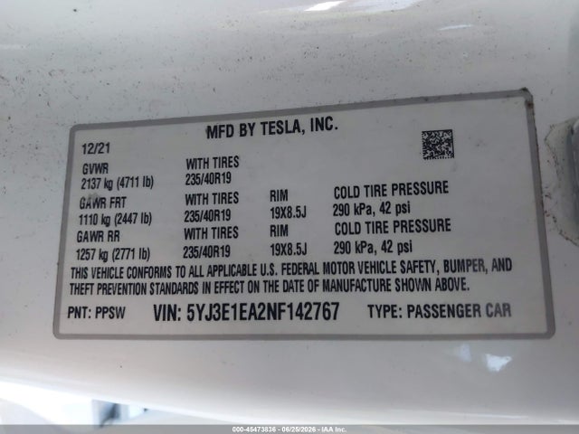Aukcja sprzedaży 2022 Tesla Model 3 Rear-wheel Drive, vin: 5YJ3E1EA2NF142767, numer aukcji: 45473836