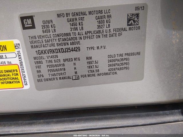 Продажа на аукционе авто 2013 Gmc Acadia Slt-1, vin: 1GKKVRKDXDJ254429, номер лота: 45473843