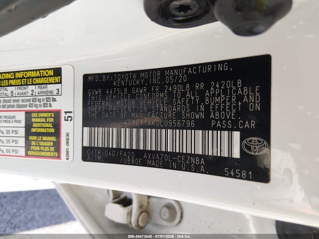 Продаж на аукціоні авто 2020 Toyota Camry Le, vin: 4T1C11AK0LU956796, номер лоту: 45473845
