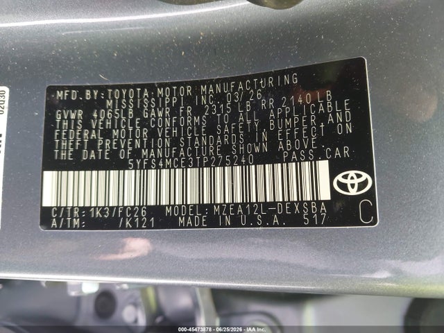 Продажа на аукционе авто 2026 Toyota Corolla Se, vin: 5YFS4MCE3TP275240, номер лота: 45473878