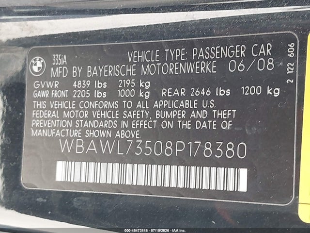 45473886 :رقم المزاد ، WBAWL73508P178380 vin ، 2008 Bmw 335i مزاد بيع