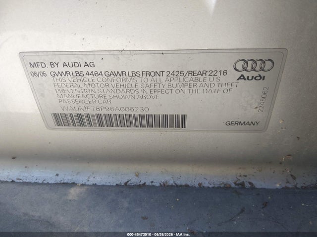 45473910 :رقم المزاد ، WAUMF78P96A006230 vin ، 2006 Audi A3 2.0t مزاد بيع