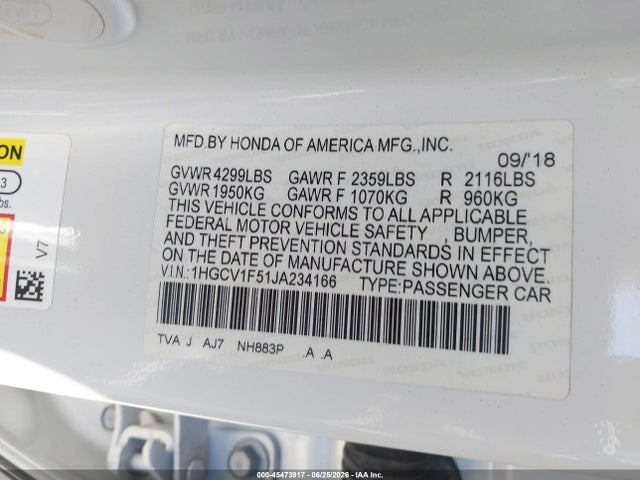 1HGCV1F51JA234166 Honda Accord Ex-l
