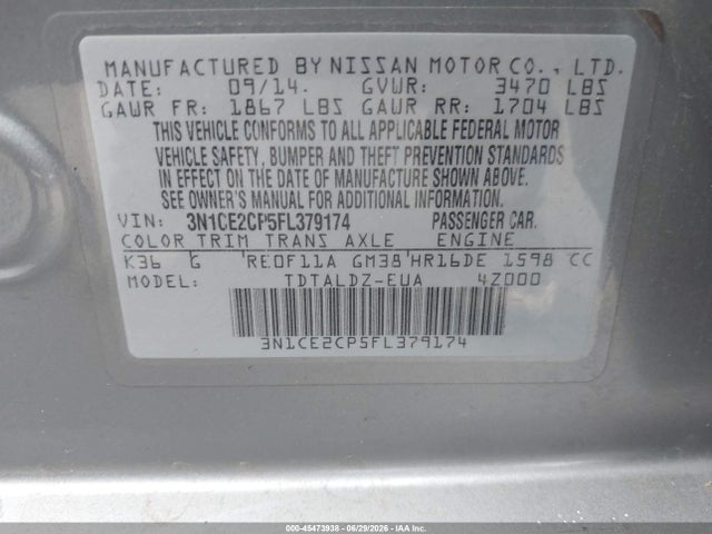 Nissan Versa Note S (sr)/s Plus/sl/sr/sv 2015 3N1CE2CP5FL379174 Image 9