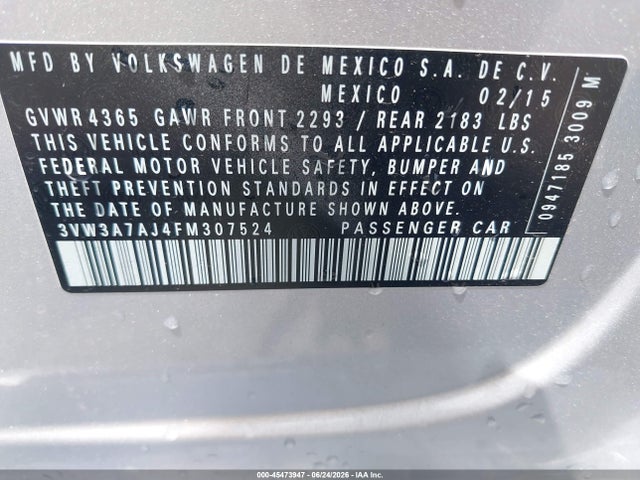 Aukcja sprzedaży 2015 Volkswagen Jetta 2.0l Tdi Sel, vin: 3VW3A7AJ4FM307524, numer aukcji: 45473947