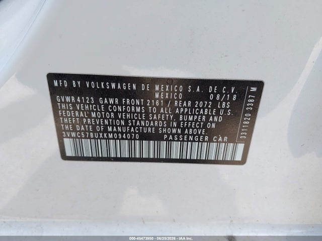 Aukcja sprzedaży 2019 Volkswagen Jetta 1.4t R-line/1.4t S/1.4t Se, vin: 3VWC57BUXKM094070, numer aukcji: 45473950