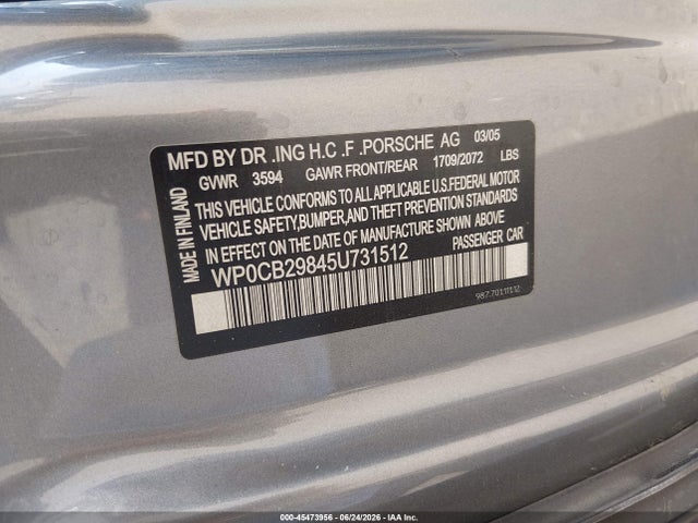 45473956 :رقم المزاد ، WP0CB29845U731512 vin ، 2005 Porsche Boxster S مزاد بيع