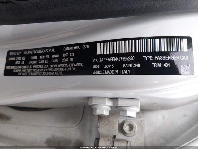 Продаж на аукціоні авто 2018 Alfa Romeo Giulia Ti Sport Awd, vin: ZARFAEEN4J7595250, номер лоту: 45473993