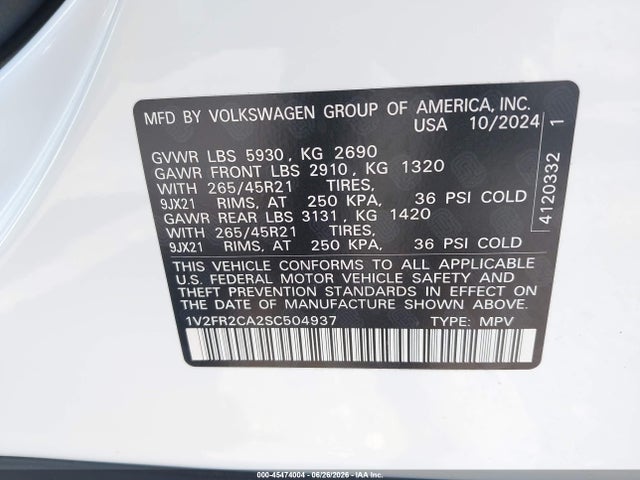 Продажа на аукционе авто 2025 Volkswagen Atlas 2.0t Sel Premium R-line, vin: 1V2FR2CA2SC504937, номер лота: 45474004