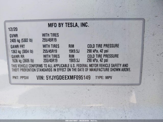 Aukcja sprzedaży 2021 Tesla Model Y Long Range Dual Motor All-wheel Drive, vin: 5YJYGDEEXMF095149, numer aukcji: 45474007