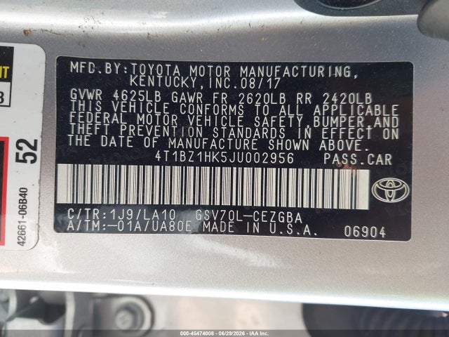4T1BZ1HK5JU002956 Toyota Camry Xle V6