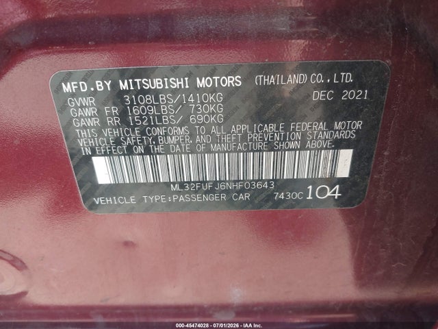 Aukcja sprzedaży 2022 Mitsubishi Mirage G4 Es, vin: ML32FUFJ6NHF03643, numer aukcji: 45474028
