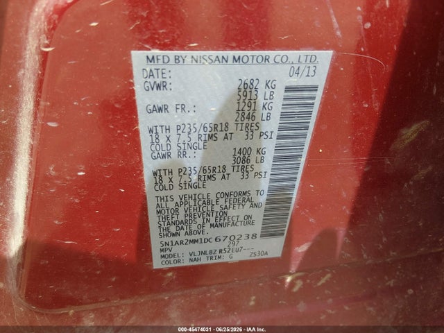 2013 Nissan Pathfinder S მანქანა იყიდება აუქციონზე, vin: 5N1AR2MM1DC670238, აუქციონის ნომერი: 45474031