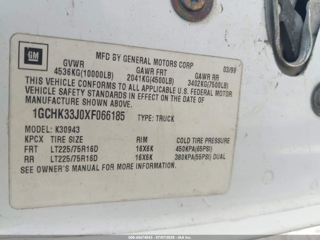 Aukcja sprzedaży 1999 Chevrolet C/k 3500, vin: 1GCHK33J0XF066185, numer aukcji: 45474043
