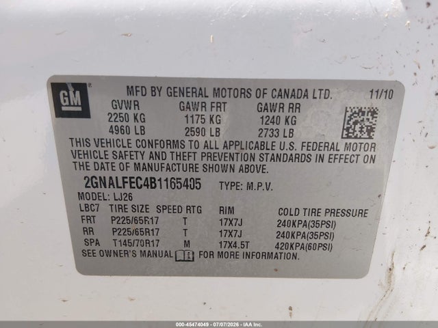 45474049 :رقم المزاد ، 2GNALFEC4B1165405 vin ، 2011 Chevrolet Equinox Ltz مزاد بيع
