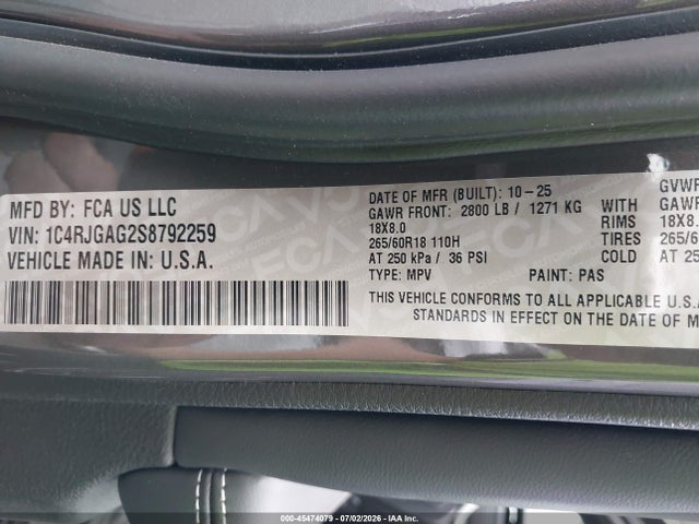 1C4RJGAG2S8792259 Jeep Grand Cherokee Laredo X 4x2