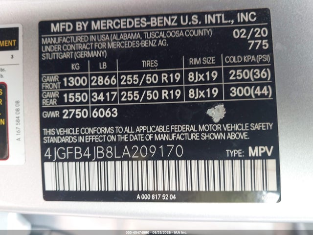 45474080 :رقم المزاد ، 4JGFB4JB8LA209170 vin ، 2020 Mercedes-benz Gle 350 مزاد بيع