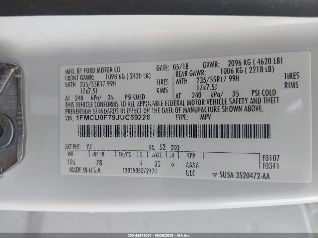 1FMCU0F79JUC59226 Ford ESCAPE S