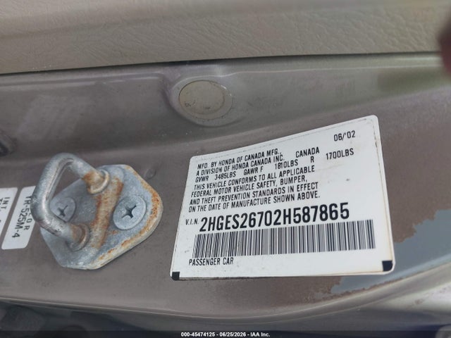 45474125 :رقم المزاد ، 2HGES26702H587865 vin ، 2002 Honda Civic Ex مزاد بيع
