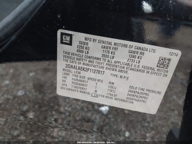 45474189 :رقم المزاد ، 2GNALAEK2F1127817 vin ، 2015 Chevrolet Equinox Ls مزاد بيع