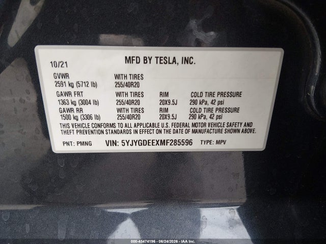 45474196 :رقم المزاد ، 5YJYGDEEXMF285596 vin ، 2021 Tesla Model Y Long Range Dual Motor All-wheel Drive مزاد بيع