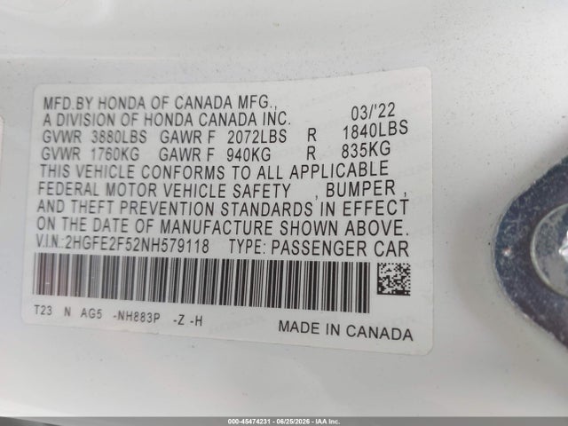 Honda Civic Sport 2022 2HGFE2F52NH579118 Image 9