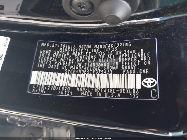 2026 Toyota Corolla Le მანქანა იყიდება აუქციონზე, vin: 5YFB4MDE9TP375423, აუქციონის ნომერი: 45474241