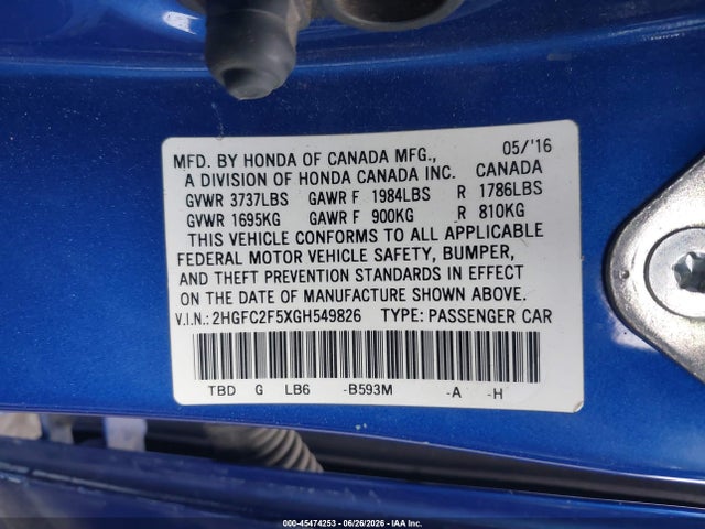Honda Civic Lx 2016 2HGFC2F5XGH549826 Image 9