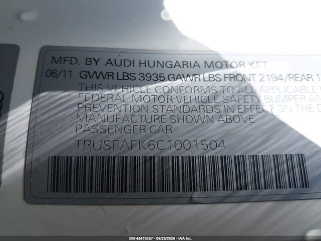 45474257 :رقم المزاد ، TRUSFAFK6C1001504 vin ، 2012 Audi Tt 2.0t Premium Plus مزاد بيع