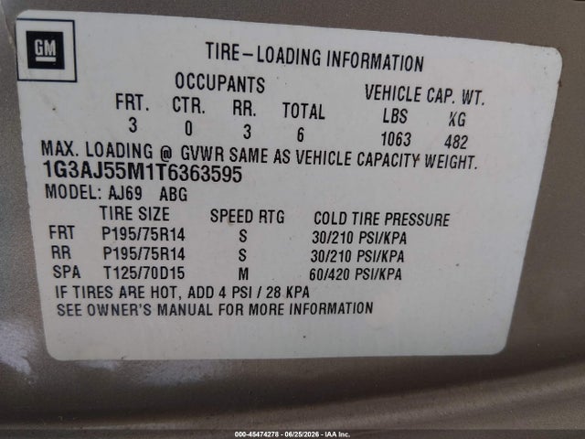 45474278 :رقم المزاد ، 1G3AJ55M1T6363595 vin ، 1996 Oldsmobile Ciera Sl مزاد بيع
