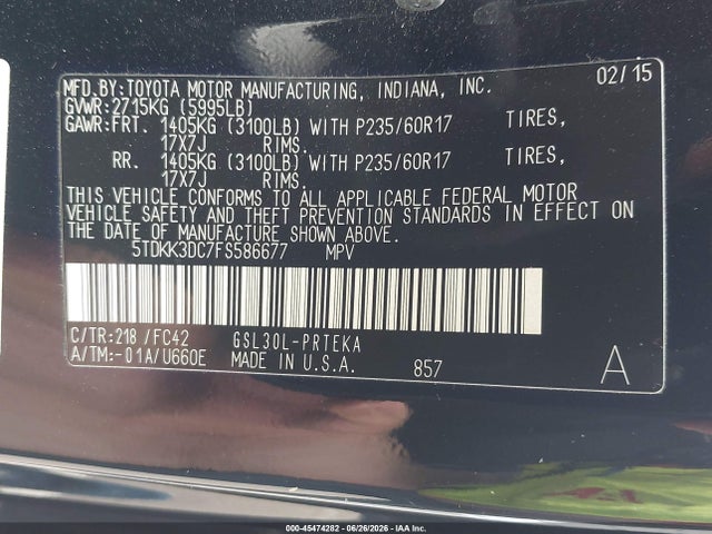 Toyota Sienna Le 8 Passenger 2015 5TDKK3DC7FS586677 Image 9