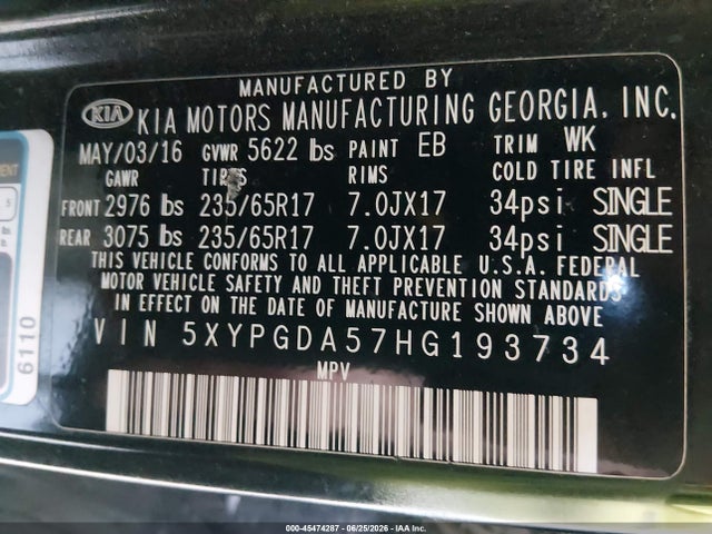 Продажа на аукционе авто 2017 Kia Sorento 3.3l Lx, vin: 5XYPGDA57HG193734, номер лота: 45474287