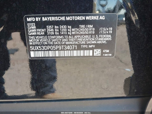 Продаж на аукціоні авто 2023 Bmw X3 Xdrive30i, vin: 5UX53DP05P9T34071, номер лоту: 45474290