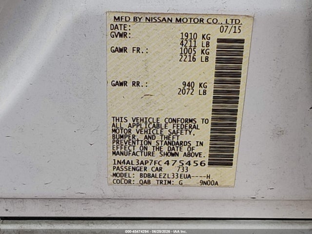 Nissan Altima 2.5 S 2015 1N4AL3AP7FC475456 Image 9