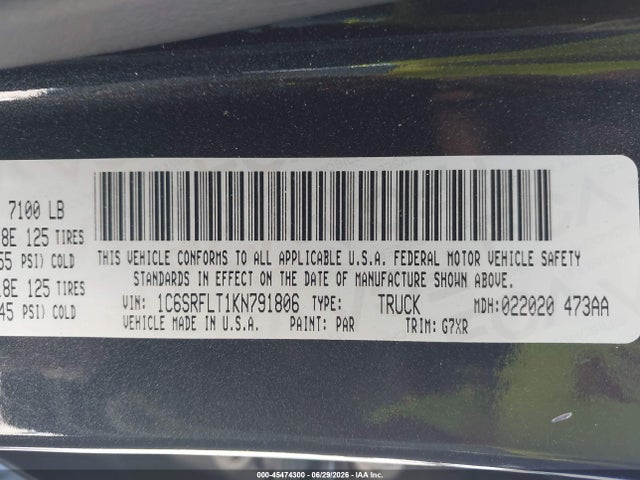 45474300 :رقم المزاد ، 1C6SRFLT1KN791806 vin ، 2019 Ram 1500 Rebel  4x4 5'7 Box مزاد بيع