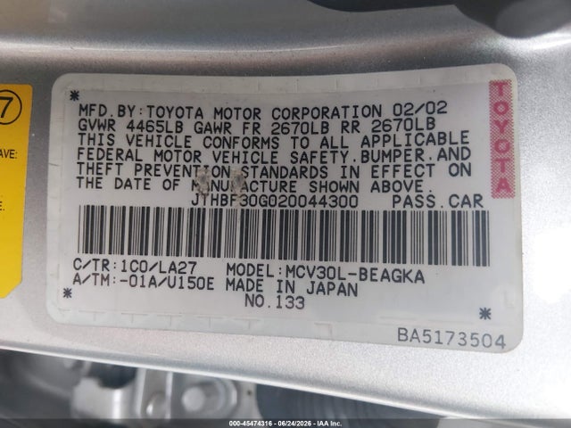 45474316 :رقم المزاد ، JTHBF30G020044300 vin ، 2002 Lexus Es 300 مزاد بيع