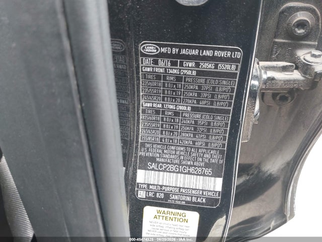 Aukcja sprzedaży 2016 Land Rover Discovery Sport Se, vin: SALCP2BG1GH628765, numer aukcji: 45474325